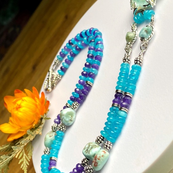 Genuine Larimar with Chalcedony Gemstone Necklace - Picture 4 of 10